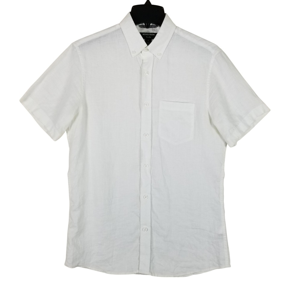 Nordstrom Button Down Shirt Men Small White 100% Linen Trim Fit Short Sleeve